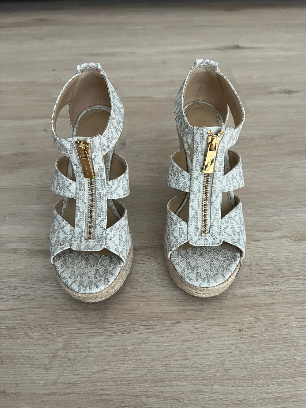 Michael Kors Beige Logo Espadrille Wedge Sandals with Gold Zip Front